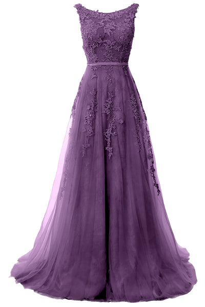 MACloth Lace Prom Dresses Boat Neck Sleeveless Lace Wedding Formal Evening Gown