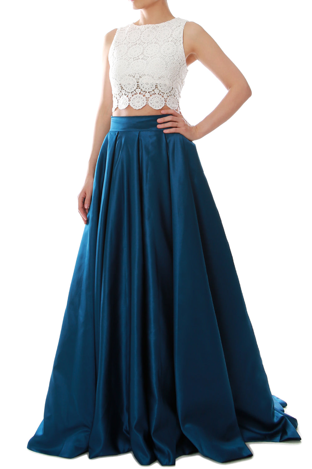 MACloth Women Two Piece O Neck Lace Long Prom Homecoming Dress Evening Ball Gown