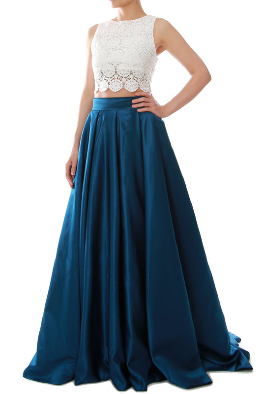 MACloth Vestido largo de encaje de dos piezas con cuello redondo para mujer para fiesta de graduación y regreso a casa Vestido de noche para gala