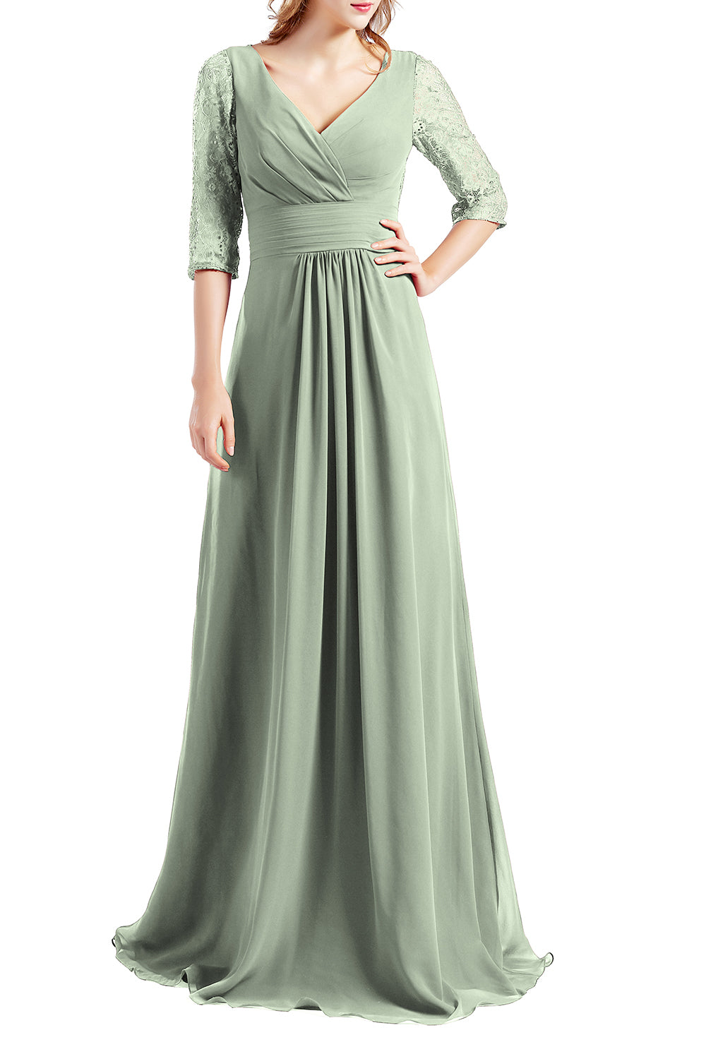 MACloth Damen-Kleid, Halbarm, V-Ausschnitt, Spitze, lang, für Hochzeit, Party, Brautjungfer, Mutter