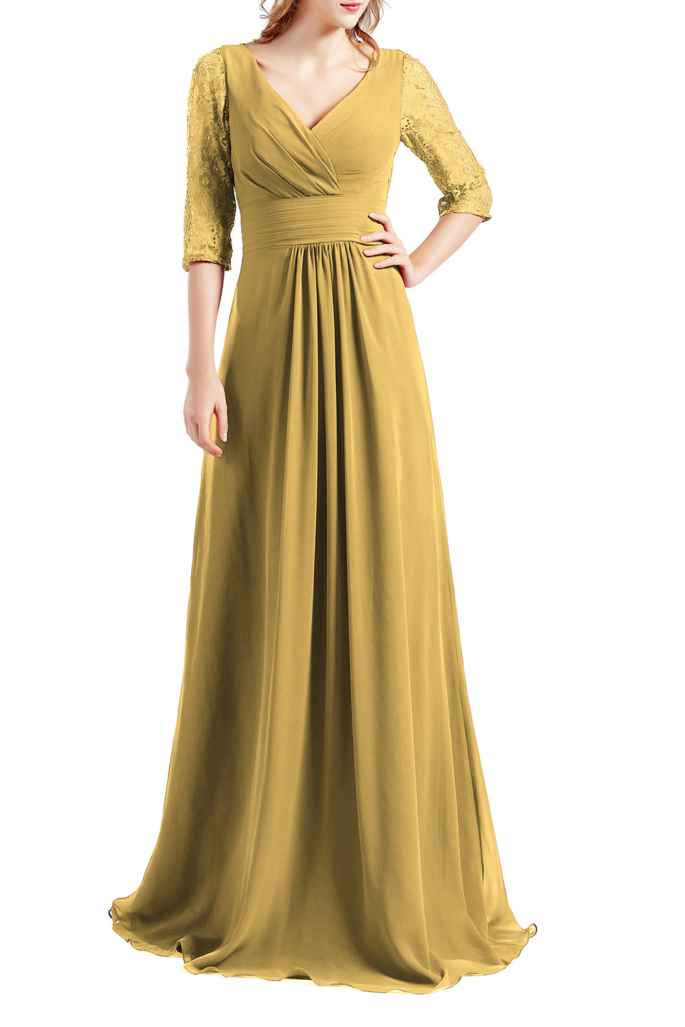 MACloth Damen-Kleid, Halbarm, V-Ausschnitt, Spitze, lang, für Hochzeit, Party, Brautjungfer, Mutter