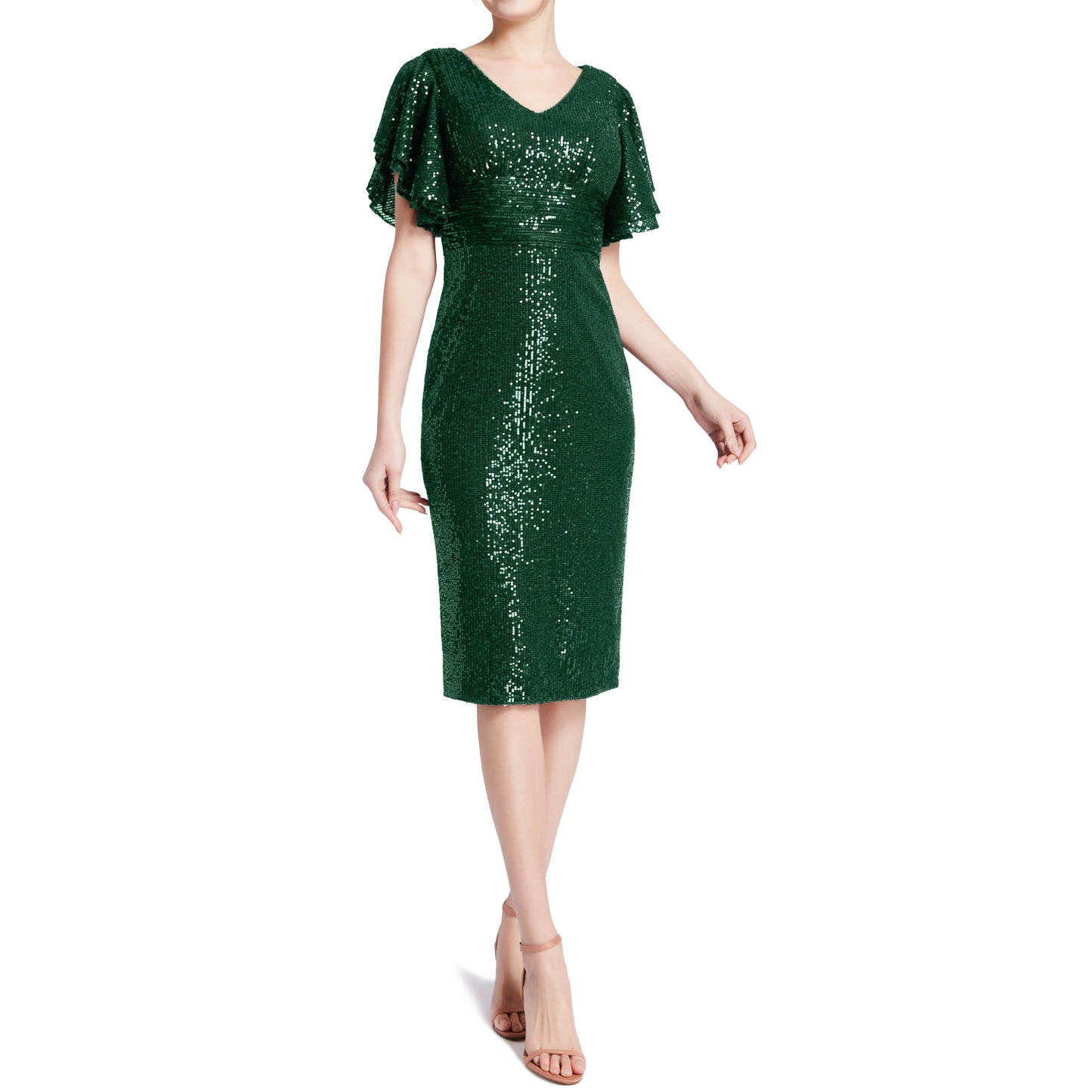 MACloth - Vestidos de cóctel de corte imperio con lentejuelas, escote en V, mangas de ángel con volantes y cortos para mujer