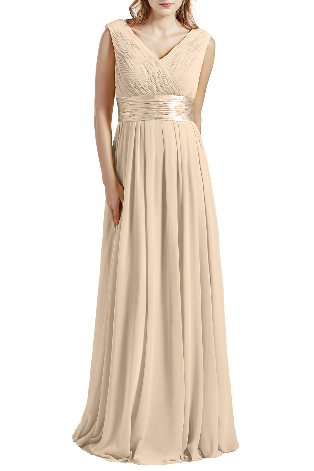 MACloth Damen Langes V-Ausschnitt Chiffon Brautjungfernkleid mit Rüschen BD