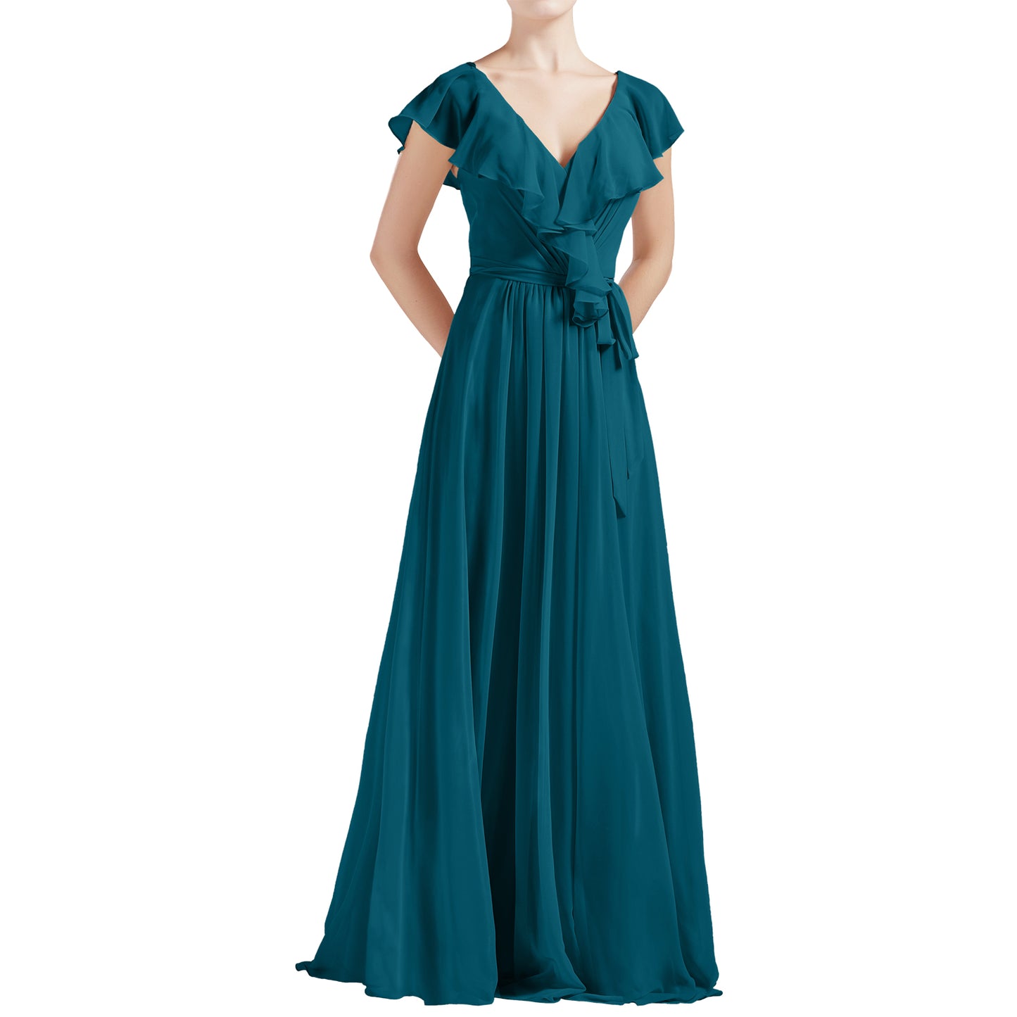 MACloth Women V Neck Ruffle Cap Sleeves Long Bridesmaid Dresses