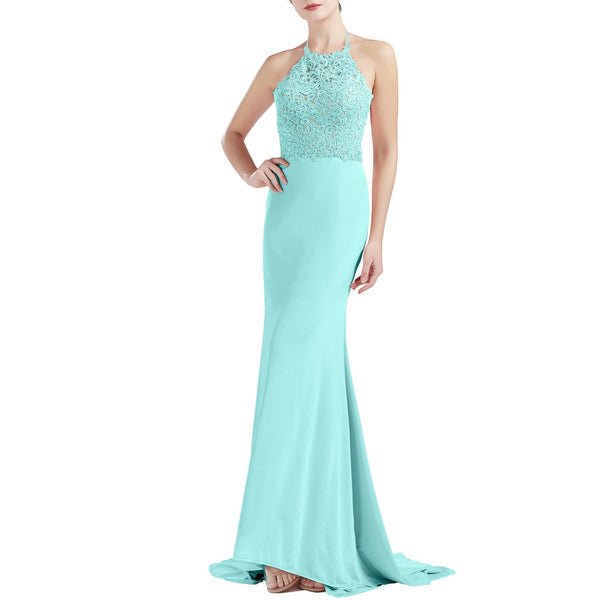 MACloth Women Sleeveless Halter Jersey Mermaid Long Prom Party Dresses Evening