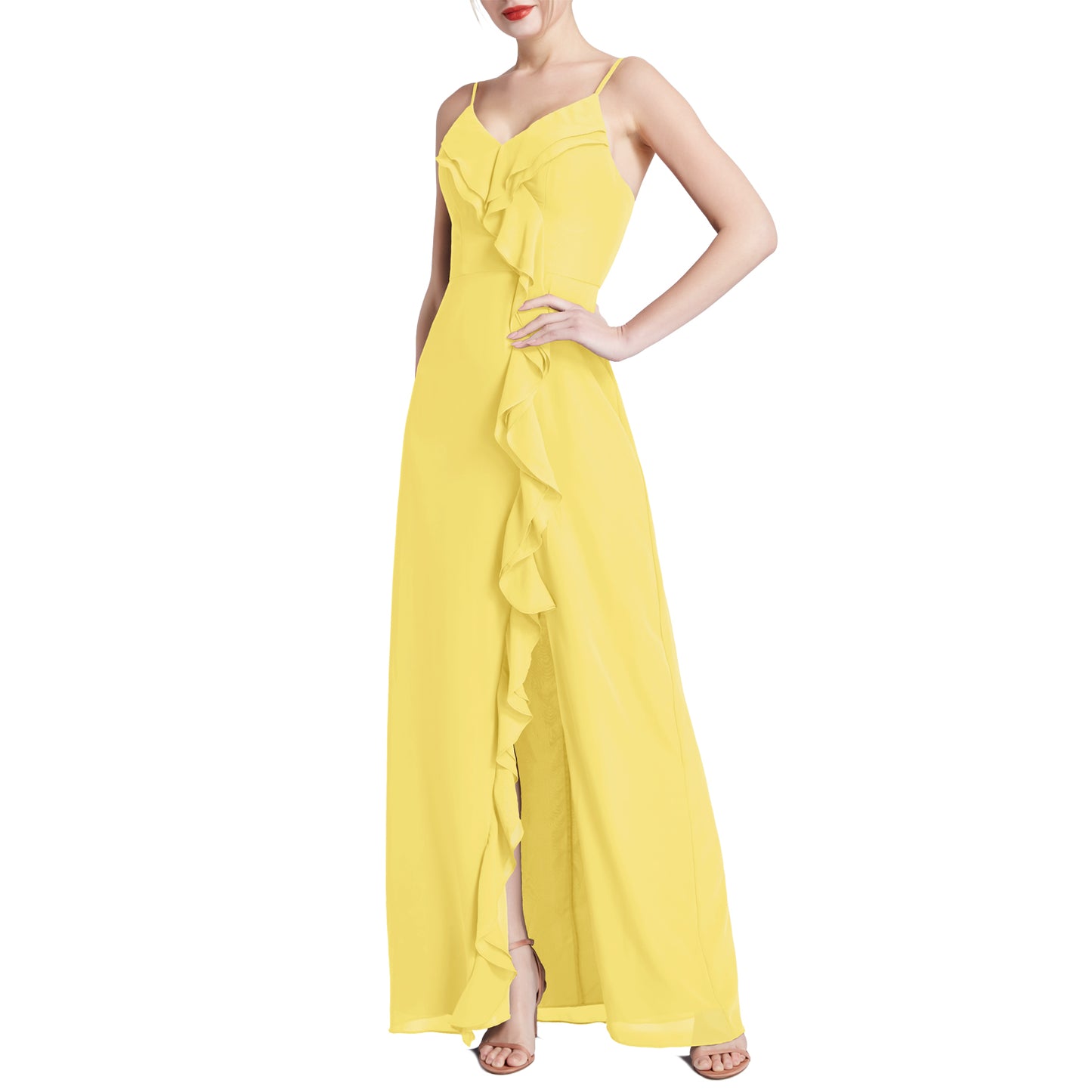 MACloth Women V Neck Ruffle Chiffon Long Wedding Party Bridesmaid Dresses Slit