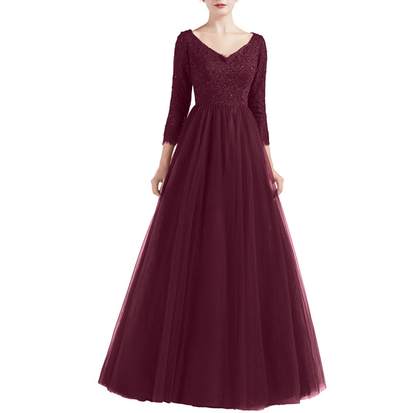 MACloth Women V Neck 3/4 Sleeve Long Tulle Prom Party Dresses Ball Gown Bridal