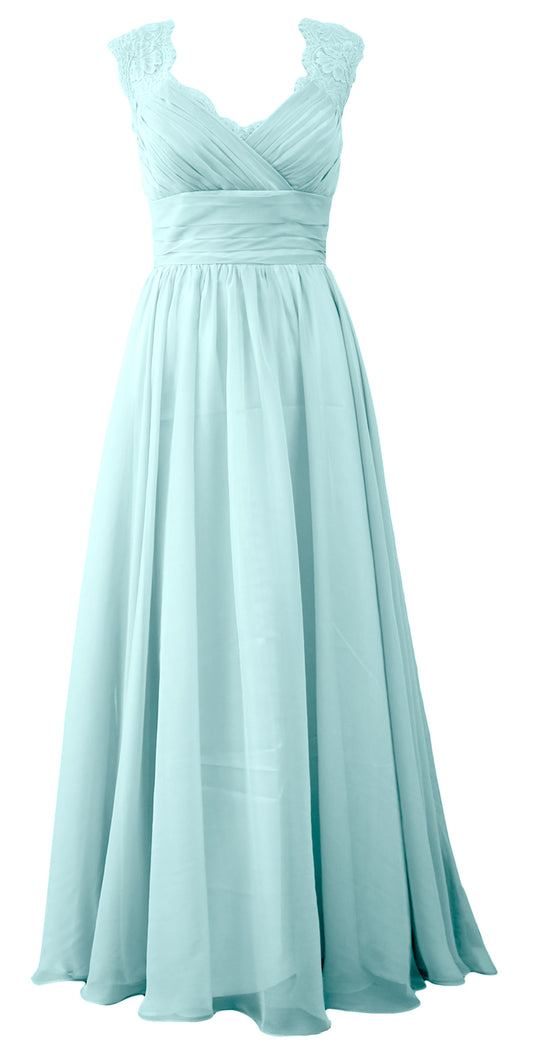 MACloth Vestido largo vintage para dama de honor con escote en V y encaje, vestido de noche formal para mujer