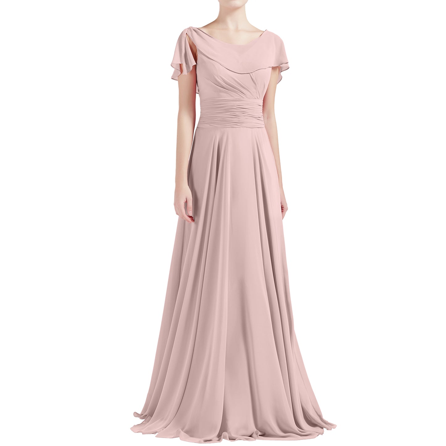 MACloth Damen O-Ausschnitt Rüschen Kurze Ärmel A-Linie Maxikleid Hochzeit Brautjungfernkleid