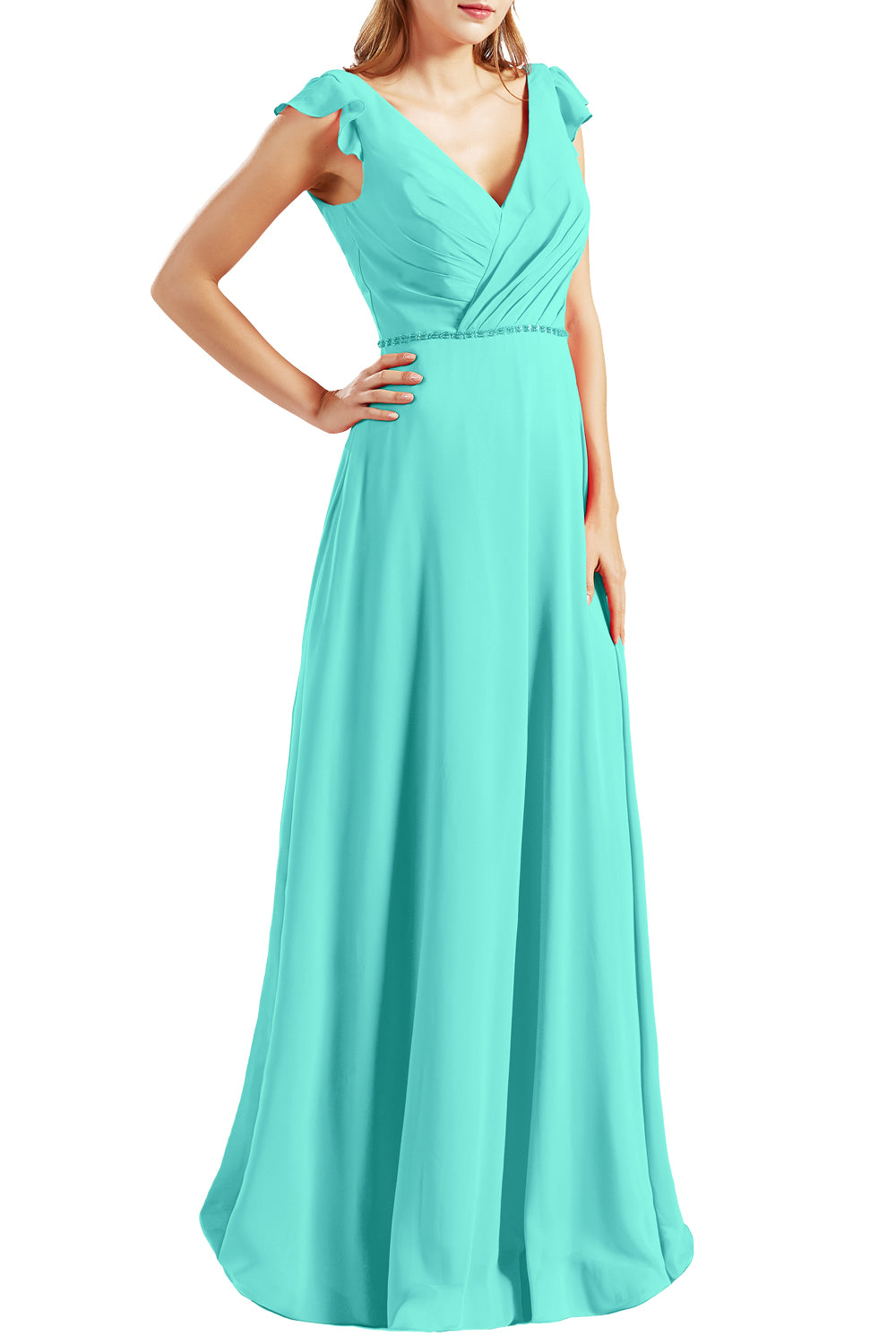 MACloth Women Cap Sleeves V Neck Chiffon Long Bridesmaid Dresses Evening Gown