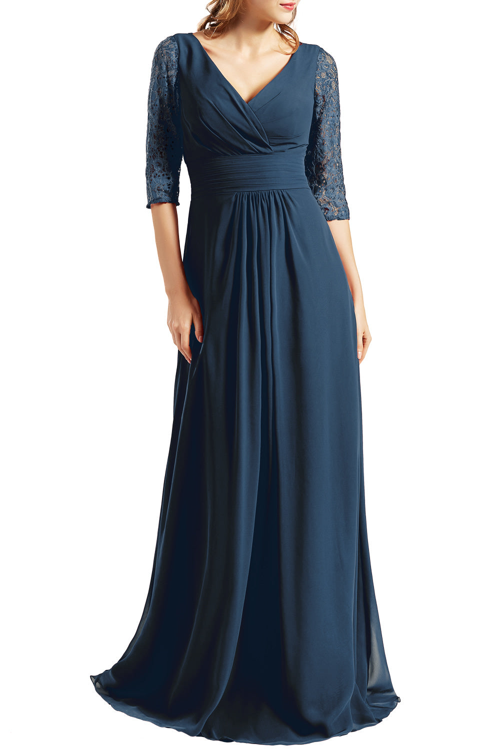 MACloth Langes Abendkleid für die Brautmutter mit V-Ausschnitt und 3/4-Ärmeln für Damen
