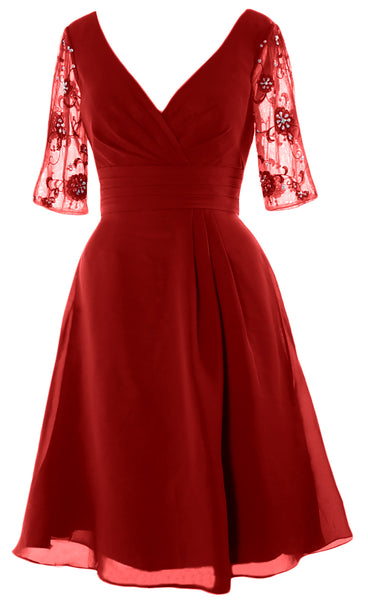 MACloth Mother of Bride Short Dresses Half Sleeves V Neck Cocktail