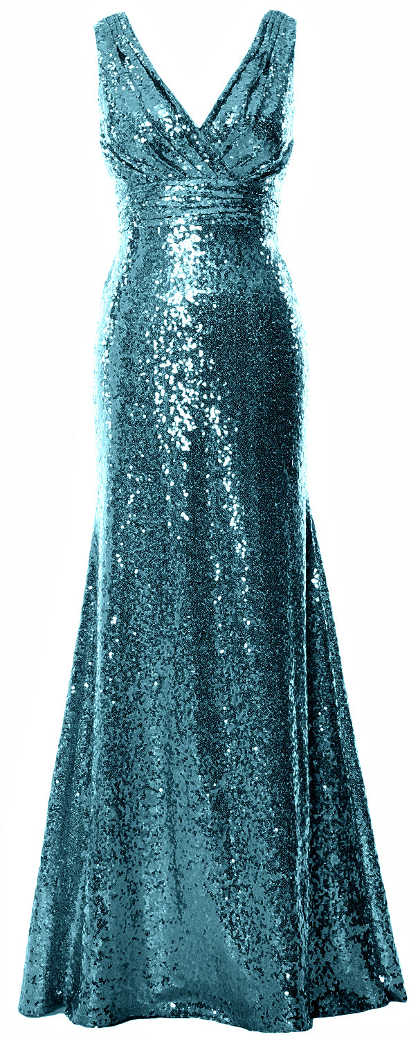 MACloth Women Mermaid V Neck Maxi Sequin Wedding Party Dresses Bridesmaid Prom
