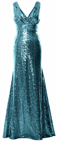 MACloth Women Mermaid V Neck Maxi Sequin Wedding Party Dresses Bridesmaid Prom