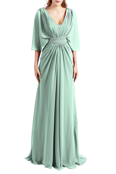 MACloth Women Elegant Long V Neck Mother of Bride Dresses Evening Gown Sleeves