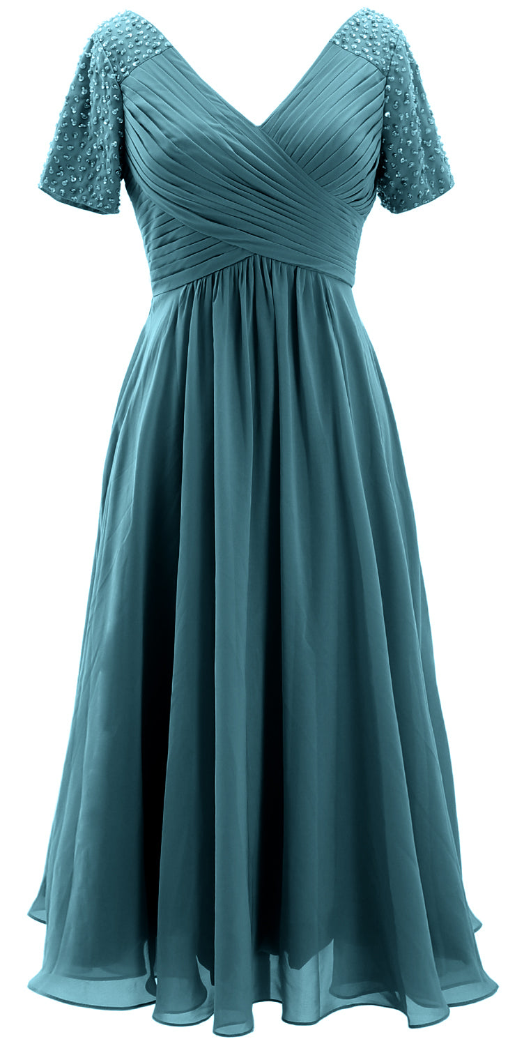 MACloth Women Midi Mother Bride Dresses Short Sleeves Wedding Guest Tea Length Ink Blue / Floor Length / US14