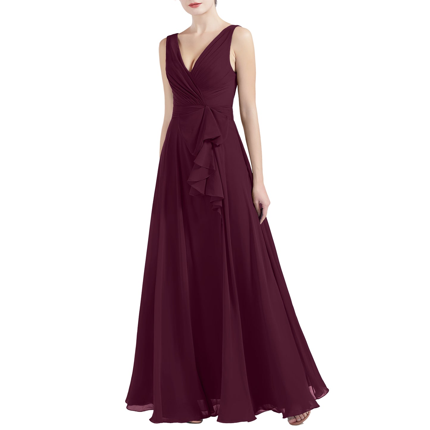 MACloth Women V Neck Long Pleated A Line Wedding Party Bridesmaid Dresses Slit