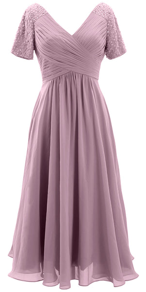 MACloth Women Midi Mother Bride Dresses Short Sleeves Wedding Guest Tea Length