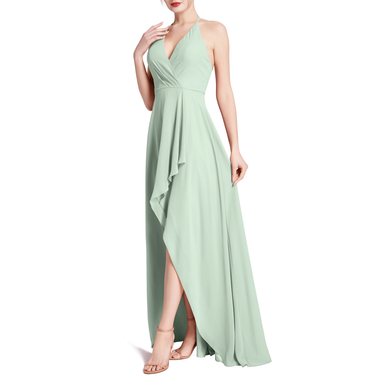 MACloth Women V Neck Halter Hi Lo Long Wedding Party Bridesmaid Dresses