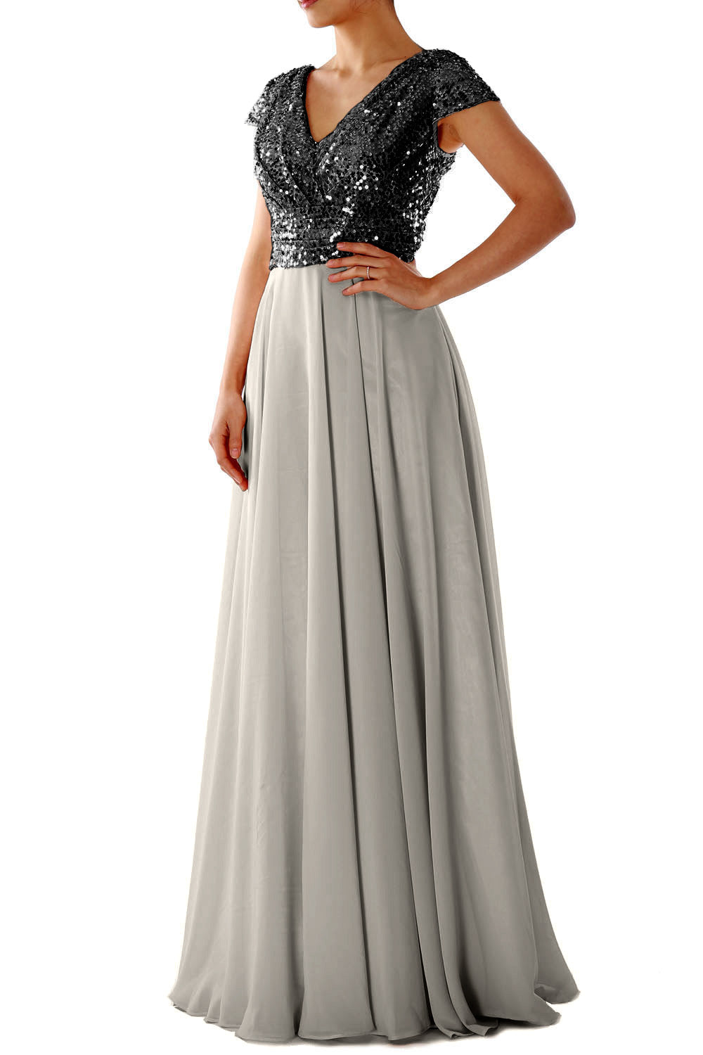 Cap Sleeves V Neck Sequin Chiffon Rose Gold Bridesmaid Dress