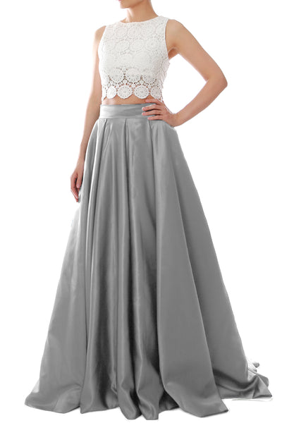 MACloth Women Two Piece O Neck Lace Long Prom Homecoming Dress Evening Ball Gown