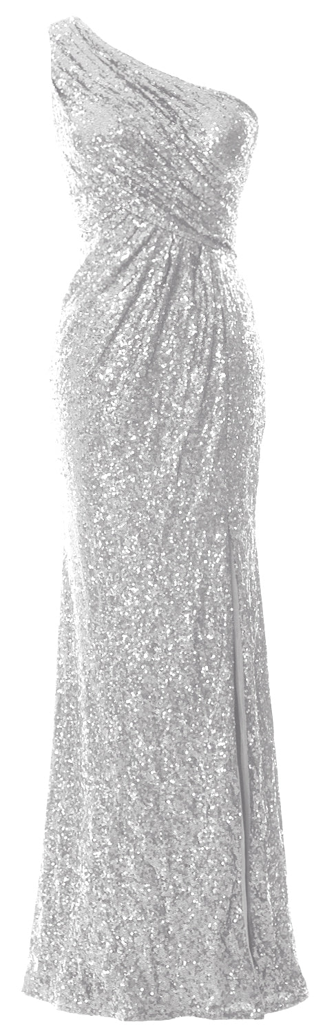 MACloth Sequin Prom Dresses with Split Mermaid One Shoulder Formal Evening Gown