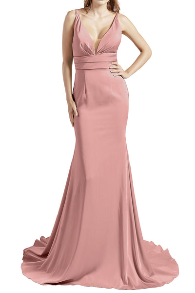 MACloth Women Long V Neck Crepe Mermaid Prom Party Dresses Evening Gown