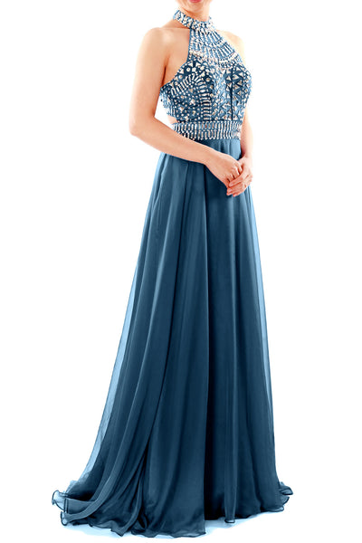 MACloth Women Halter High Neck Sleeveless Long Prom Party Dress Evening Gown