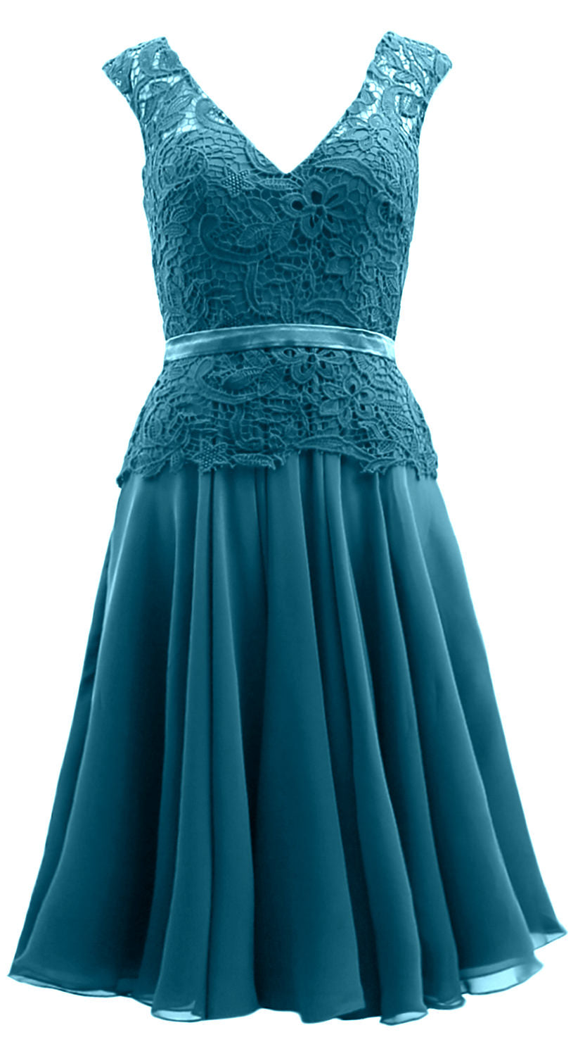 MACloth Women V Neck Lace Chiffon Party Formal Gown Midi Mother of Bride Dress