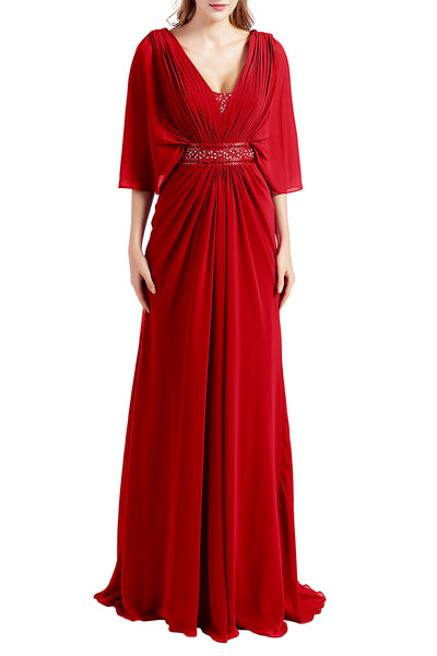 MACloth Women Elegant Long V Neck Mother of Bride Dresses Evening Gown Sleeves