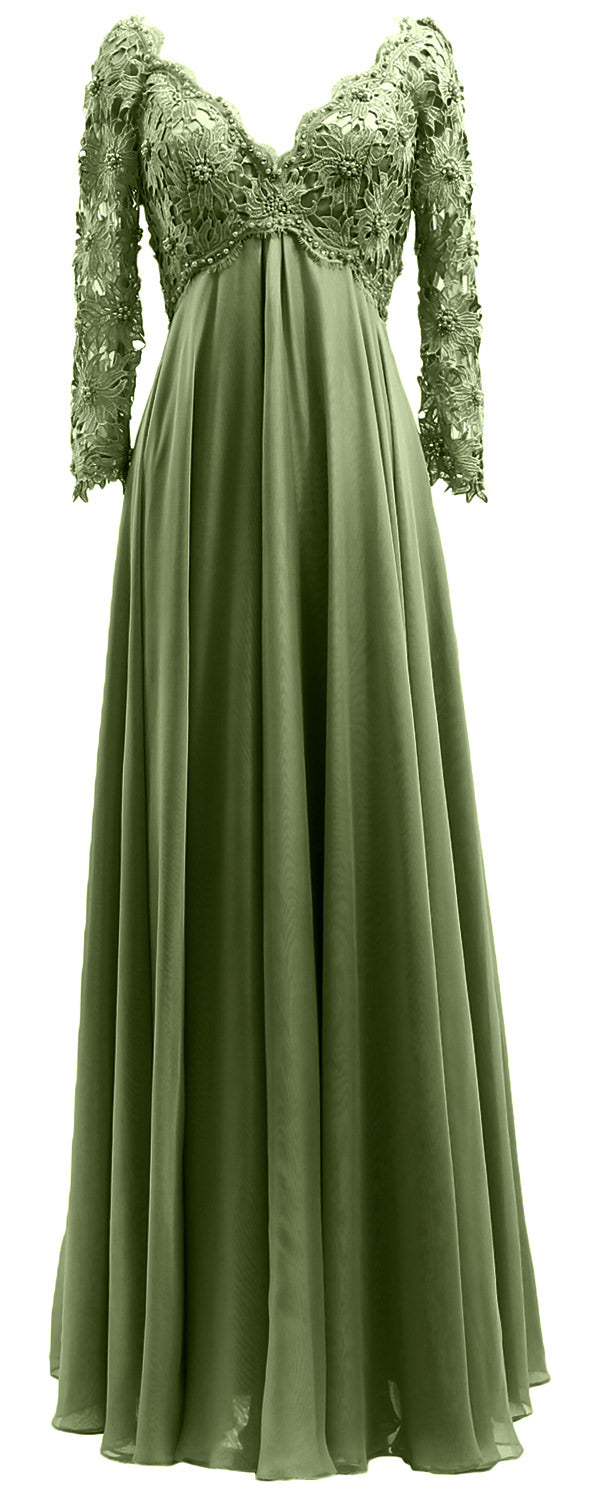 MACloth Damen Abendkleid für die Brautmutter, V-Ausschnitt, Spitze, lange Ärmel