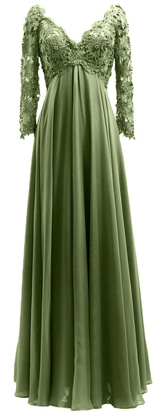 MACloth Women Mother of Bride Dresses V Neck Lace Long Sleeves Evening Gown