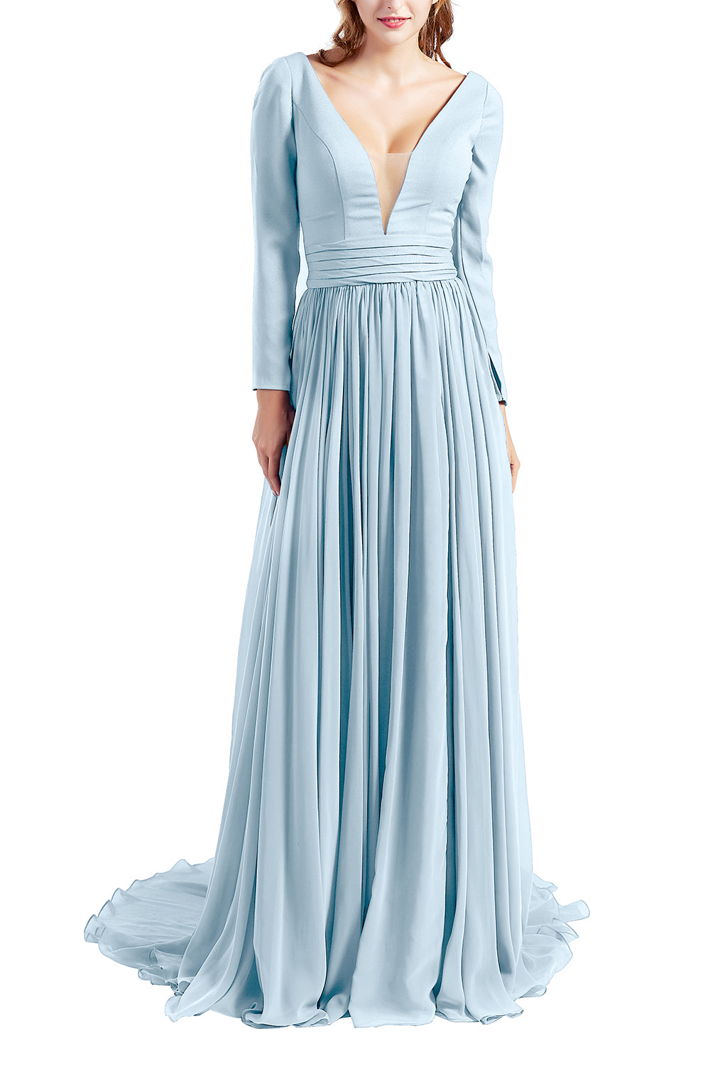 MACloth Women Plunging V Neck Long Sleeve Formal Evening Dress Prom Party Gown