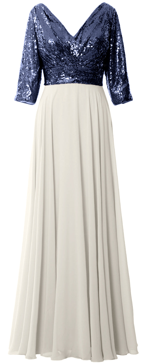 MACloth Damen Maxikleid mit langen Ärmeln und V-Ausschnitt und Pailletten