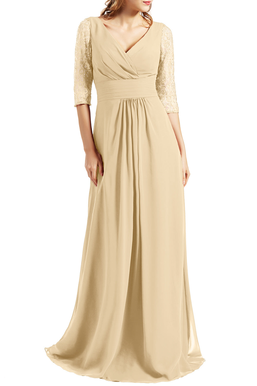 MACloth Langes Abendkleid für die Brautmutter mit V-Ausschnitt und 3/4-Ärmeln für Damen