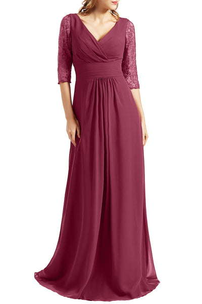 MACloth Women Long Mother of the Bride Dresses V Neck 3/4 Sleeves Evening Gown