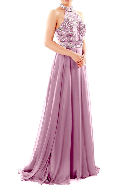 MACloth Women Halter High Neck Sleeveless Long Prom Party Dress Evening Gown