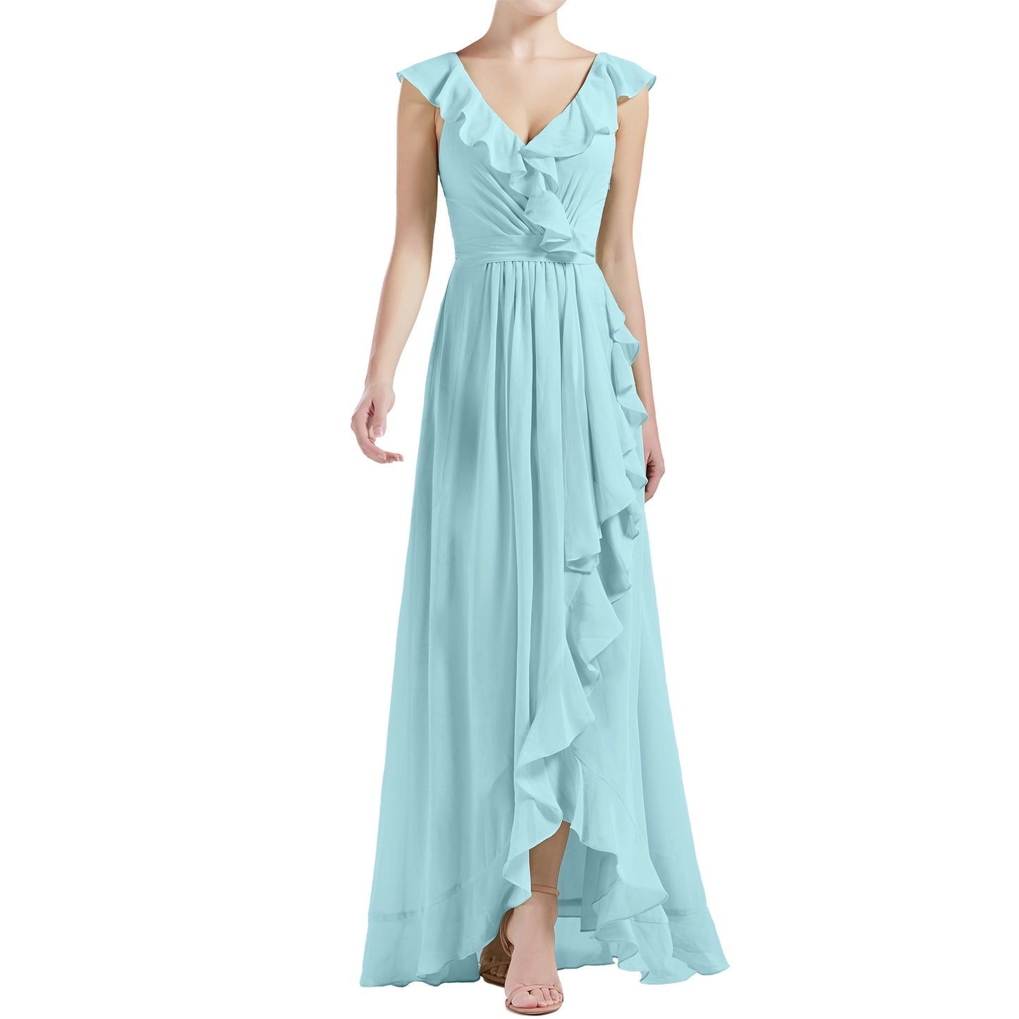 MACloth Women V Neck Ruffle Cap Sleeve Hi-Lo Long Wedding Bridesmaid Dresses