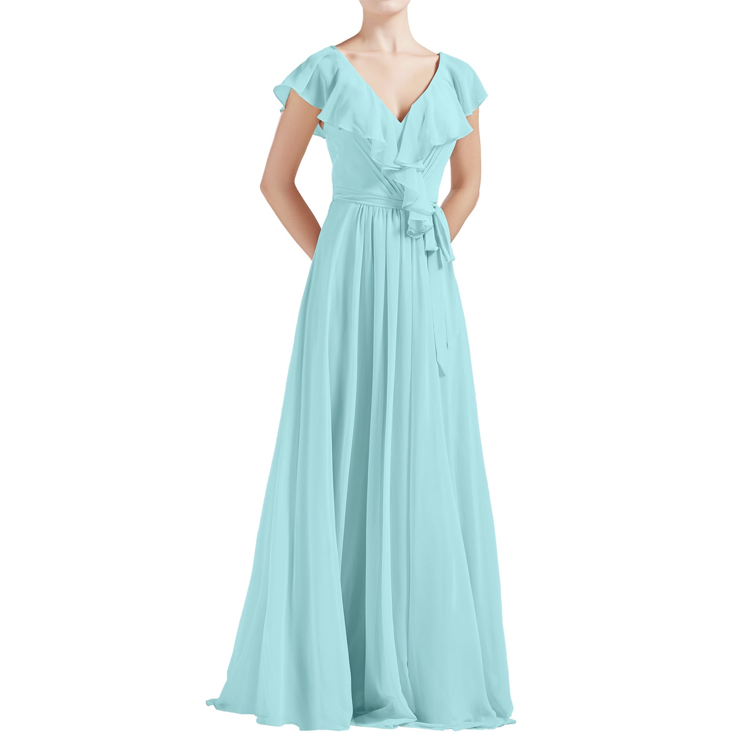 MACloth Women V Neck Ruffle Cap Sleeves Long Bridesmaid Dresses