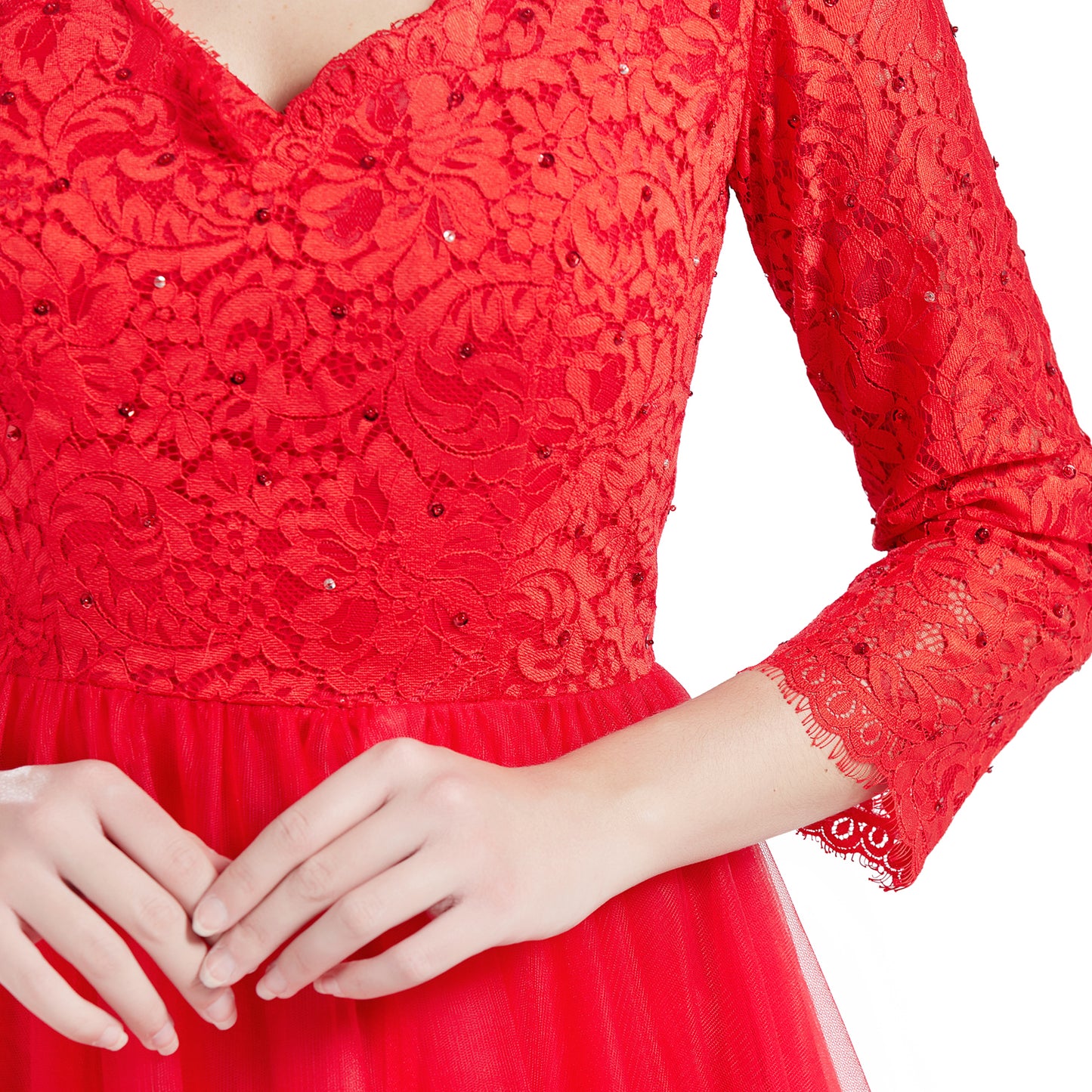 MACloth Women V Neck 3/4 Sleeve Long Tulle Prom Party Dresses Ball Gown Bridal