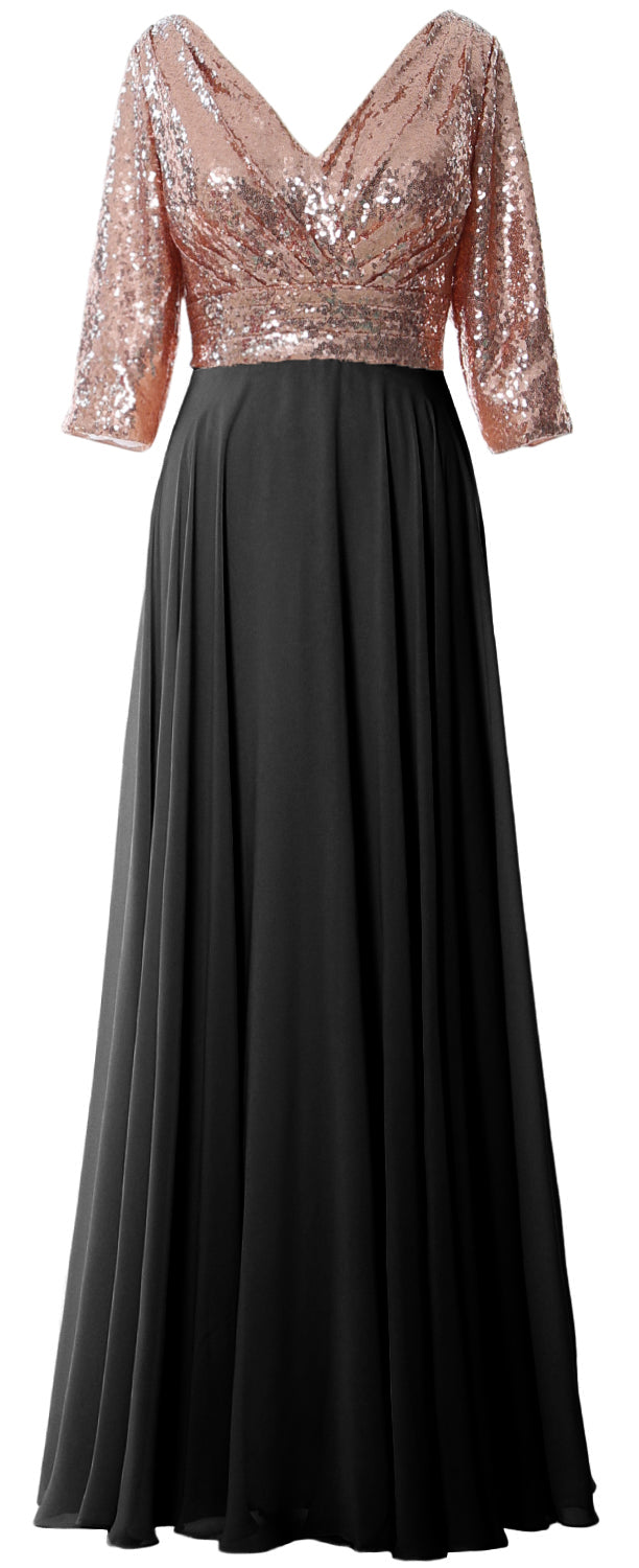 MACloth Damen Maxikleid mit langen Ärmeln und V-Ausschnitt und Pailletten