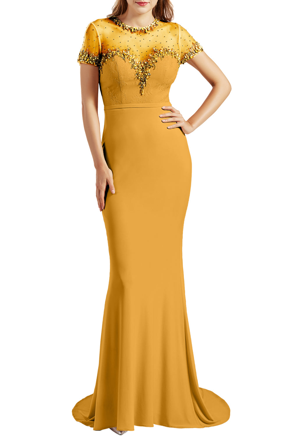 MACloth Damen Meerjungfrau-Ballkleid mit kurzen Ärmeln, Jersey, formelle Abendkleider