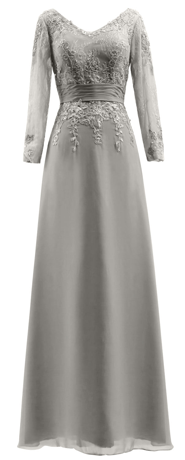 MACloth Vestidos de madre de la novia Mangas largas Cuello en V Encaje Vestido de noche formal