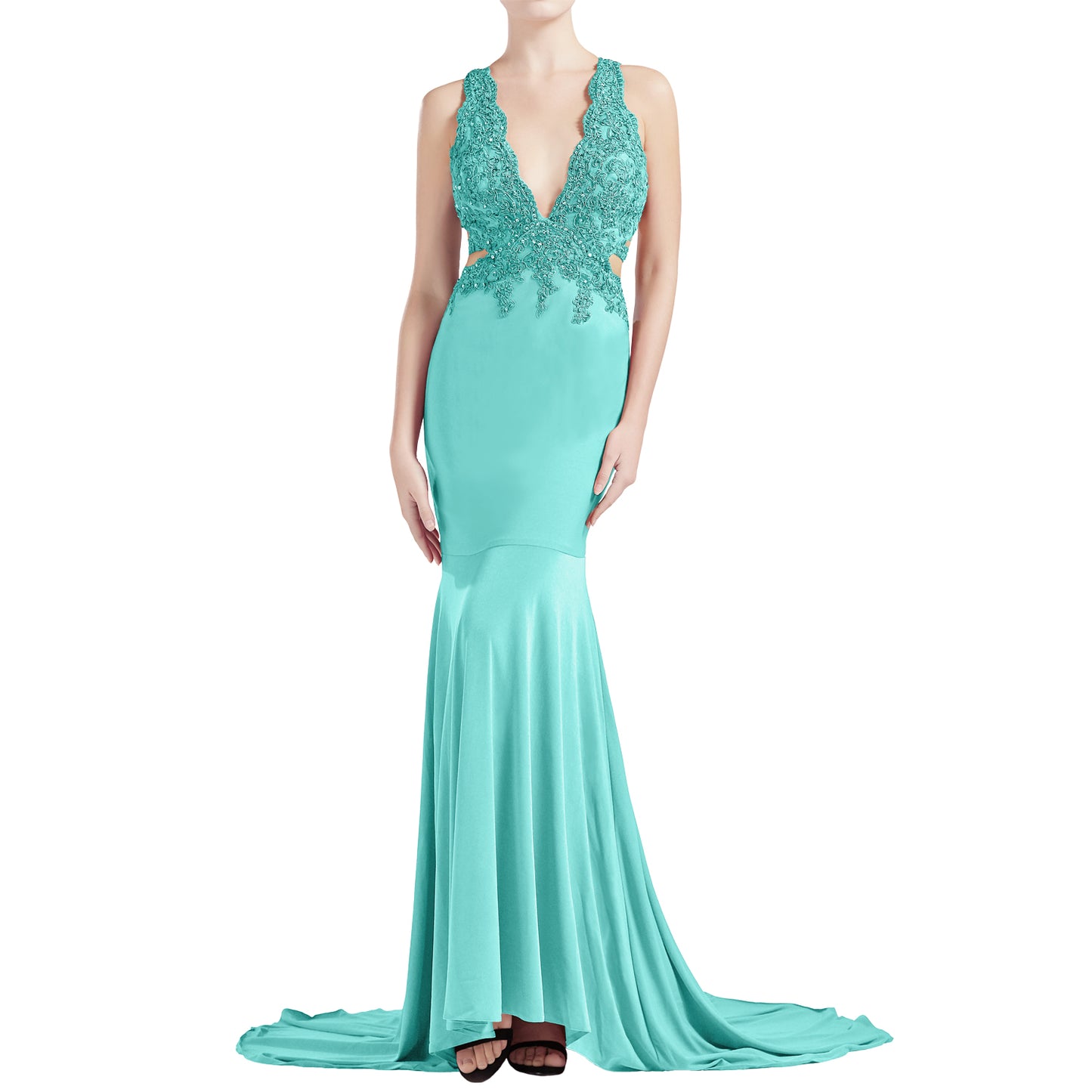 MACloth Damen Meerjungfrau V-Ausschnitt Spitze Langes Ballkleid Formales Abendkleid