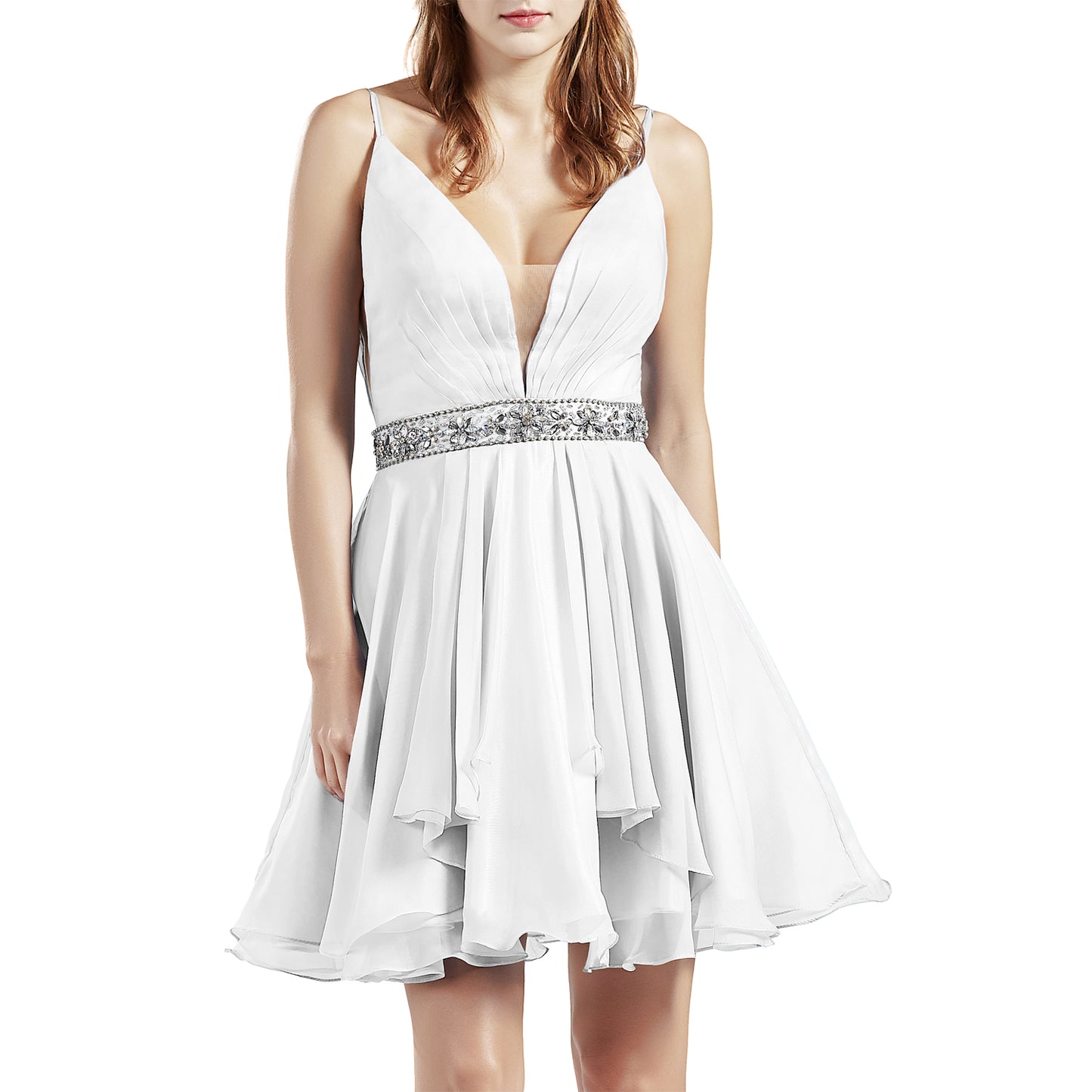 MACloth Women Short V Neck Beading Chiffon Cute Prom Homecoming Dresses Cocktail