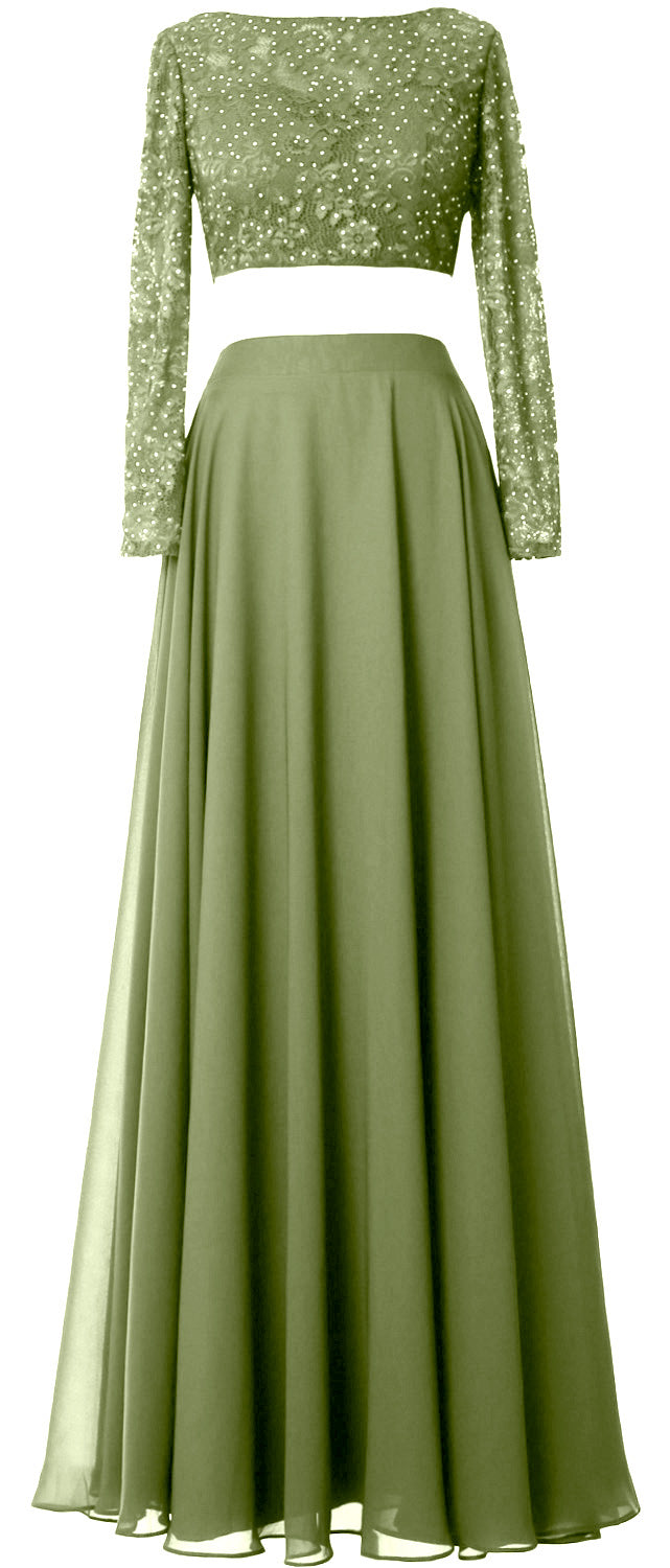 MACloth Damen Abendkleid aus Spitze und Chiffon, 2-teilig, lange Ärmel, Ballkleid