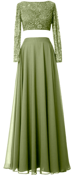 MACloth Women Lace Chiffon Formal Evening Gown 2 Piece Long Sleeves Prom Dresses