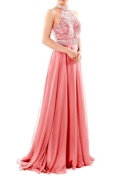 MACloth Women Halter High Neck Sleeveless Long Prom Party Dress Evening Gown