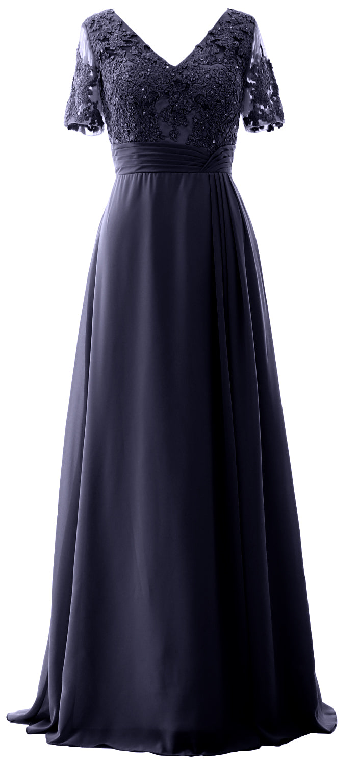 MACloth Women V Neck Long Mother of Bride Dresss Lace Evening Gown Short Sleeves