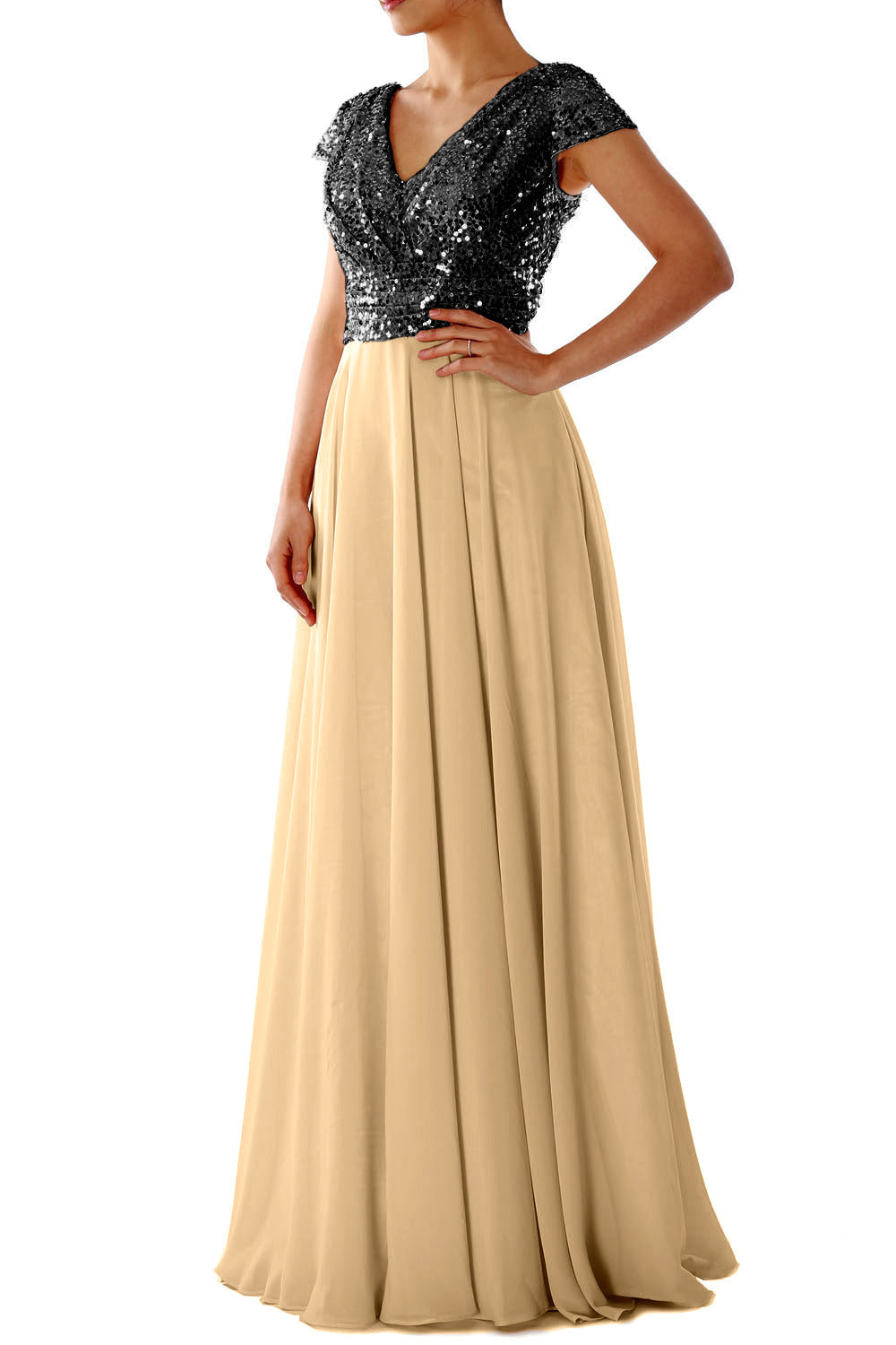Cap Sleeves V Neck Sequin Chiffon Rose Gold Bridesmaid Dress